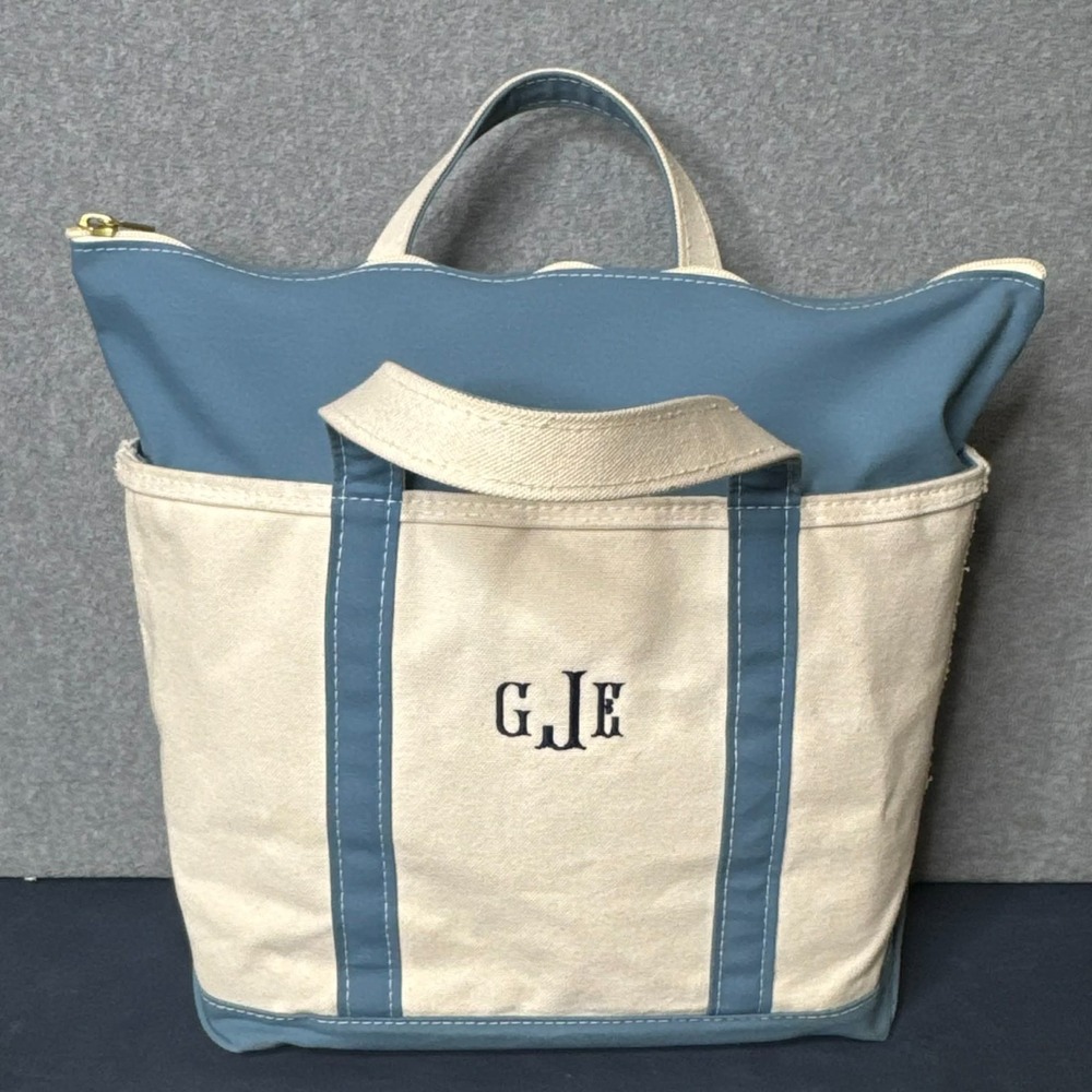 L.L. Bean Boat And Tote Bag Medium Blue Canvas USA Monogram Preppy Coastal - Picture 10 of 15